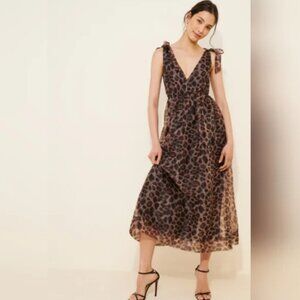 Anthropologie Daniel Rainn Leopard Organza Tie Strap V-Neck Maxi Dress S